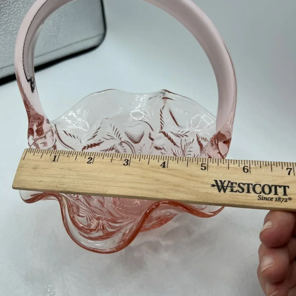 Dusty Rose by Fenton. Thin ruffled edges, rose pattern with applied handle.